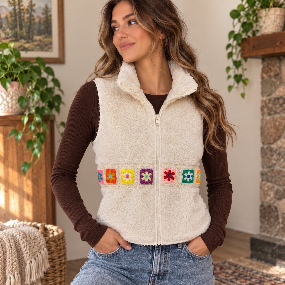 Cider Sherpa Fleece Vest Crochet Granny Square Womens Extra Small Cream Boho